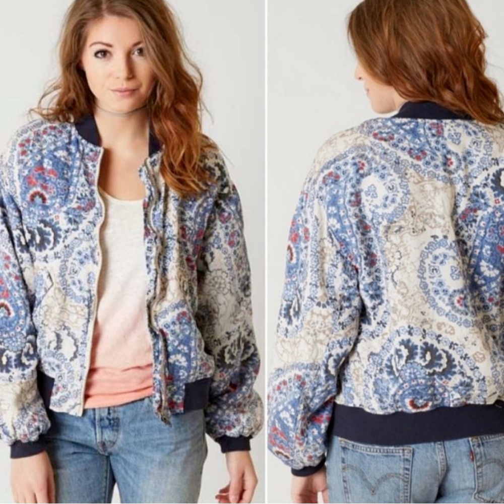 Free People Blue and Red Paisley Bomber Jacket